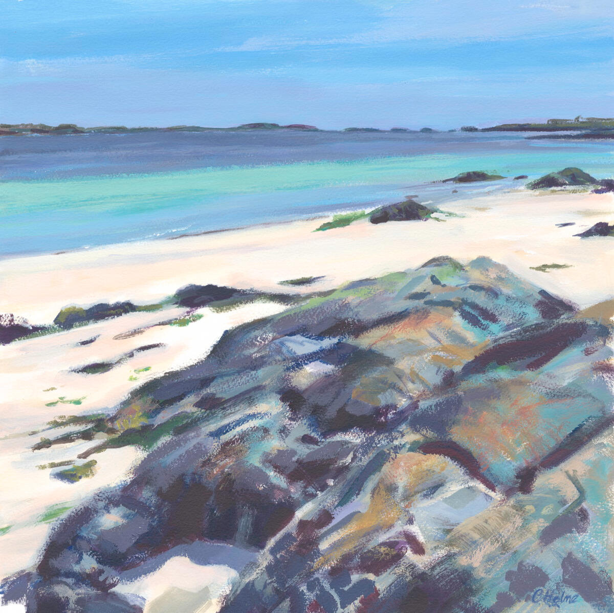 Rocks, Sand, Sea Acrylic on watercolour paper. 37cm square.