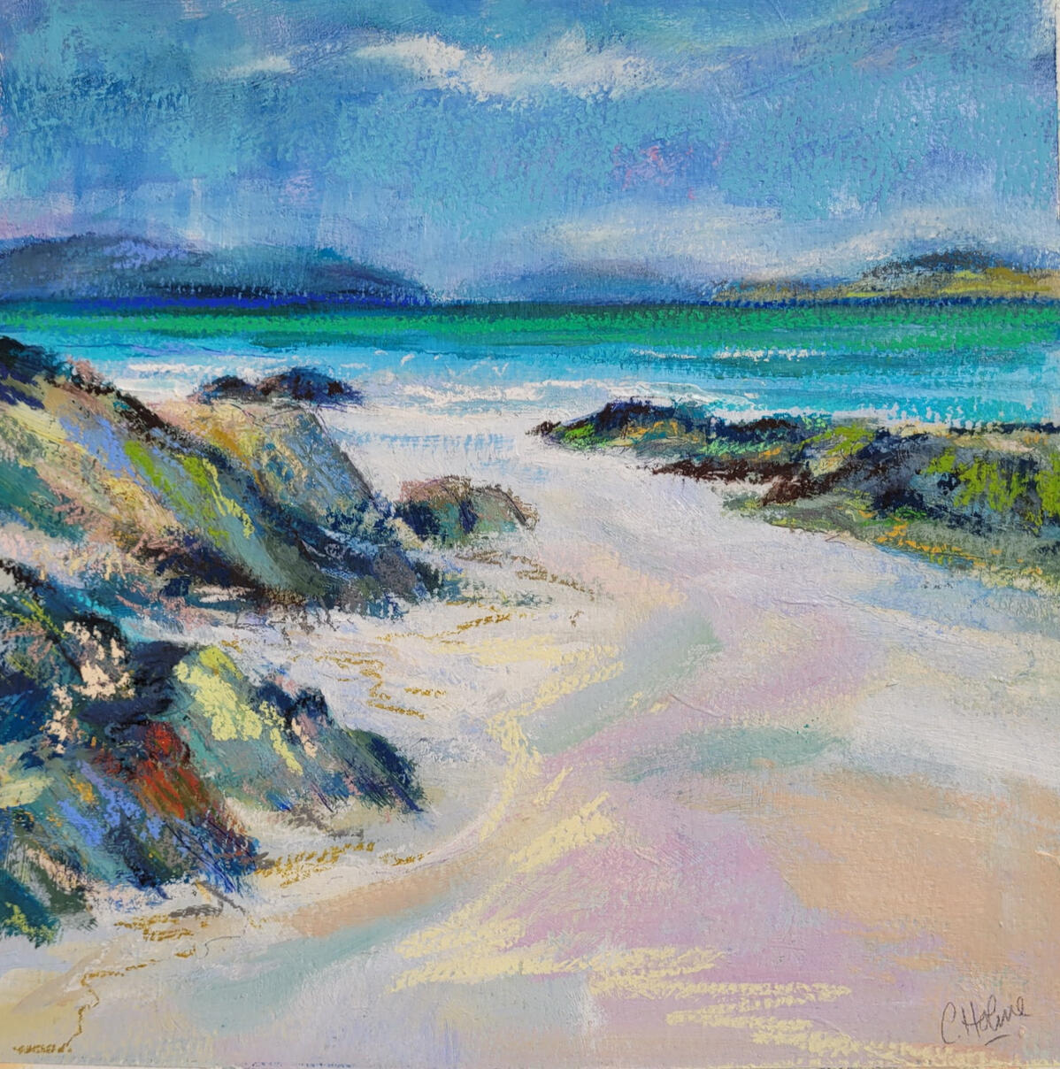 Between the Rocks Mixed media. Acrylic and soft pastel on archival paper. Bespoke frame with art glass. 47cm square.