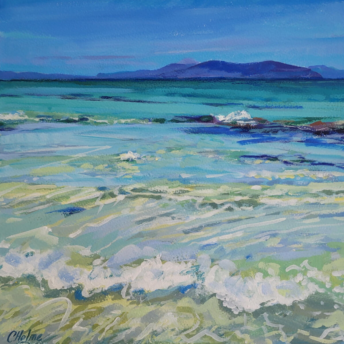 The Blues and Greens Acrylic on watercolour paper. 28cm square.