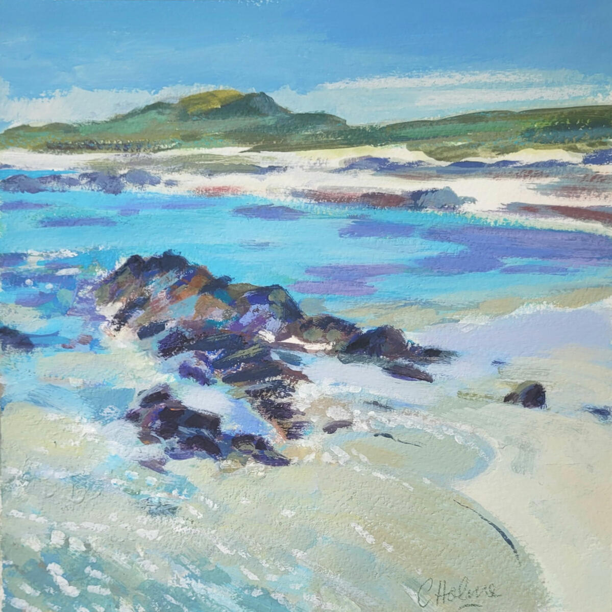 Sea Over Soft Sand Acrylic and gouache on archival paper. 20cm square painting. Framed 34cm square.