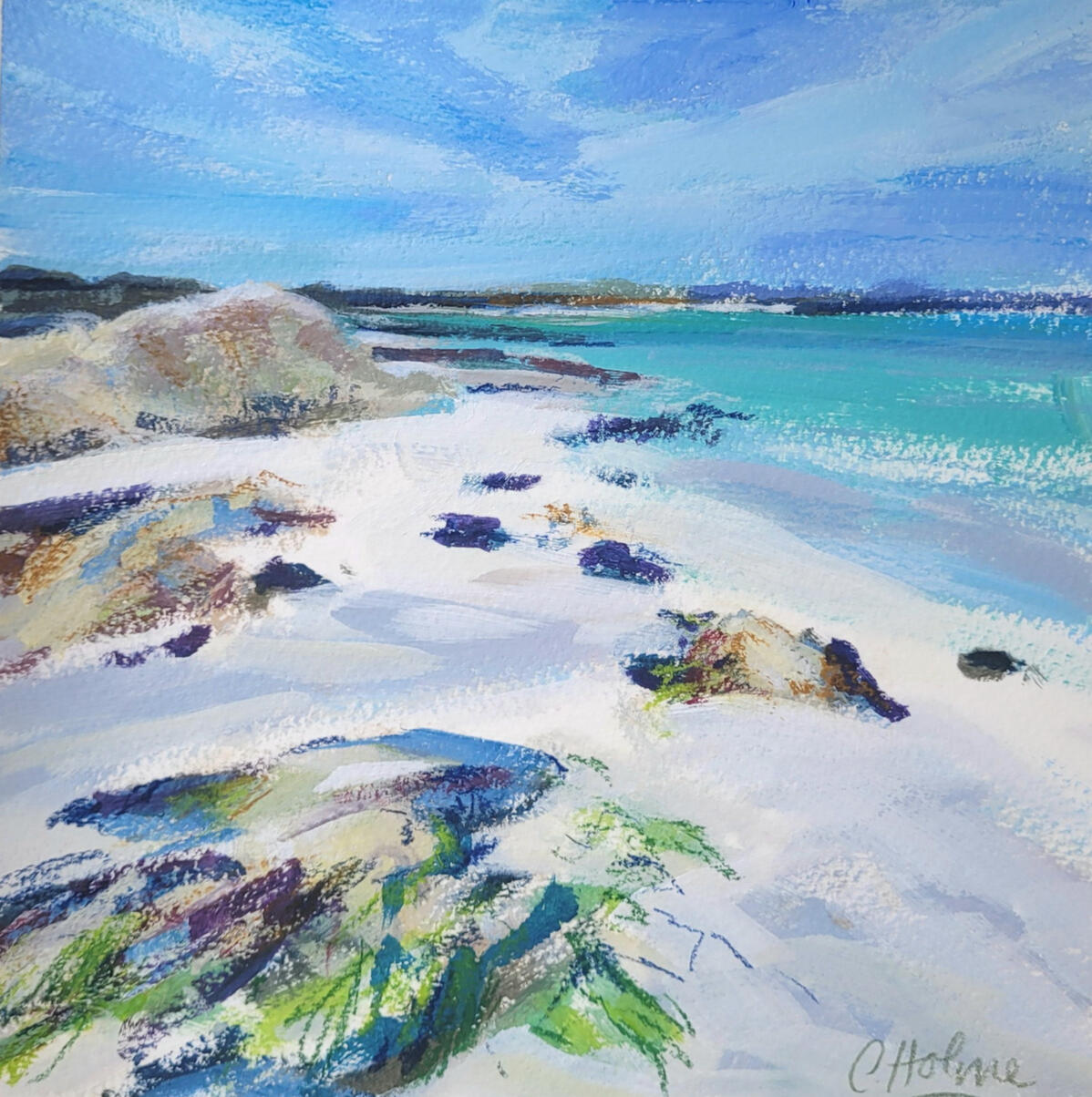 June Day Acrylic and mixed media on archival paper. 20cm square painting. Framed 34cm square.