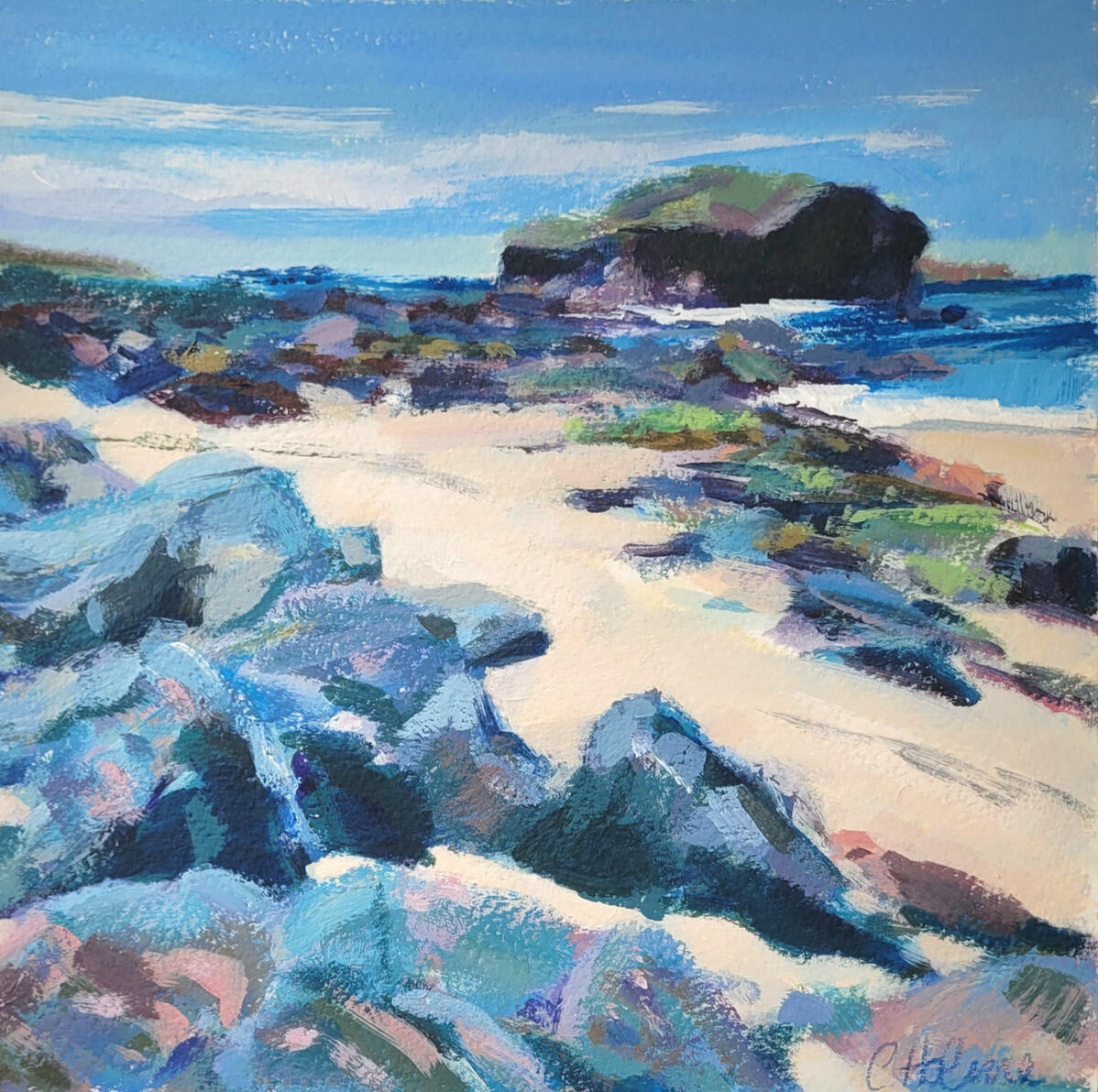 Rocks at North Shore Acrylic on archival paper. 20cm square painting. Framed 34cm square.