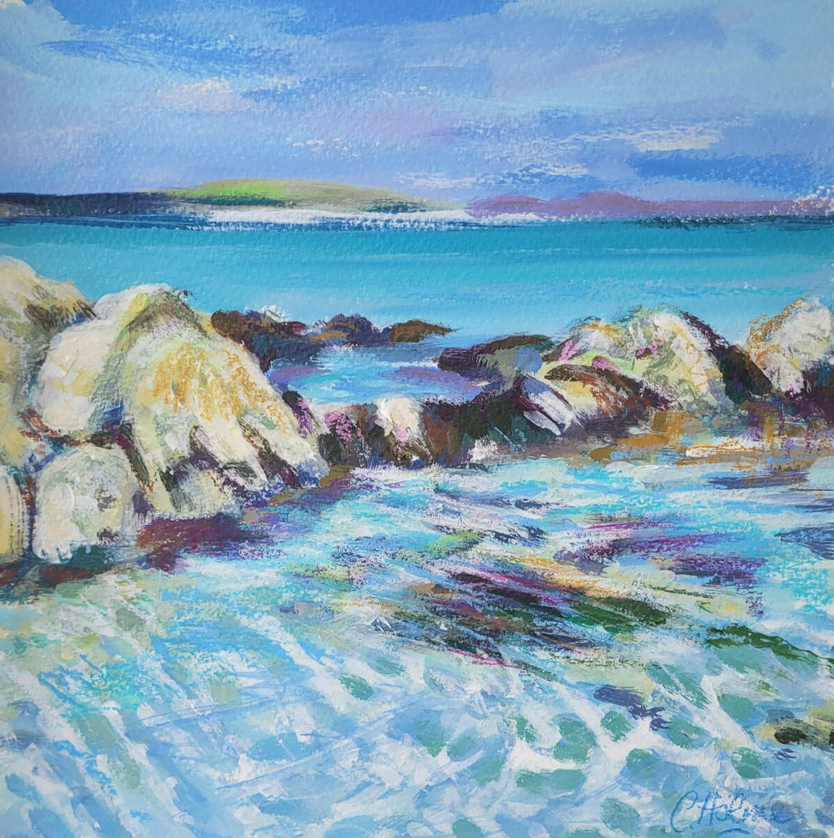 Rockpool in the Sea Acrylic, gouache, pastel on archival paper. 20cm square painting. Framed 34cm square.