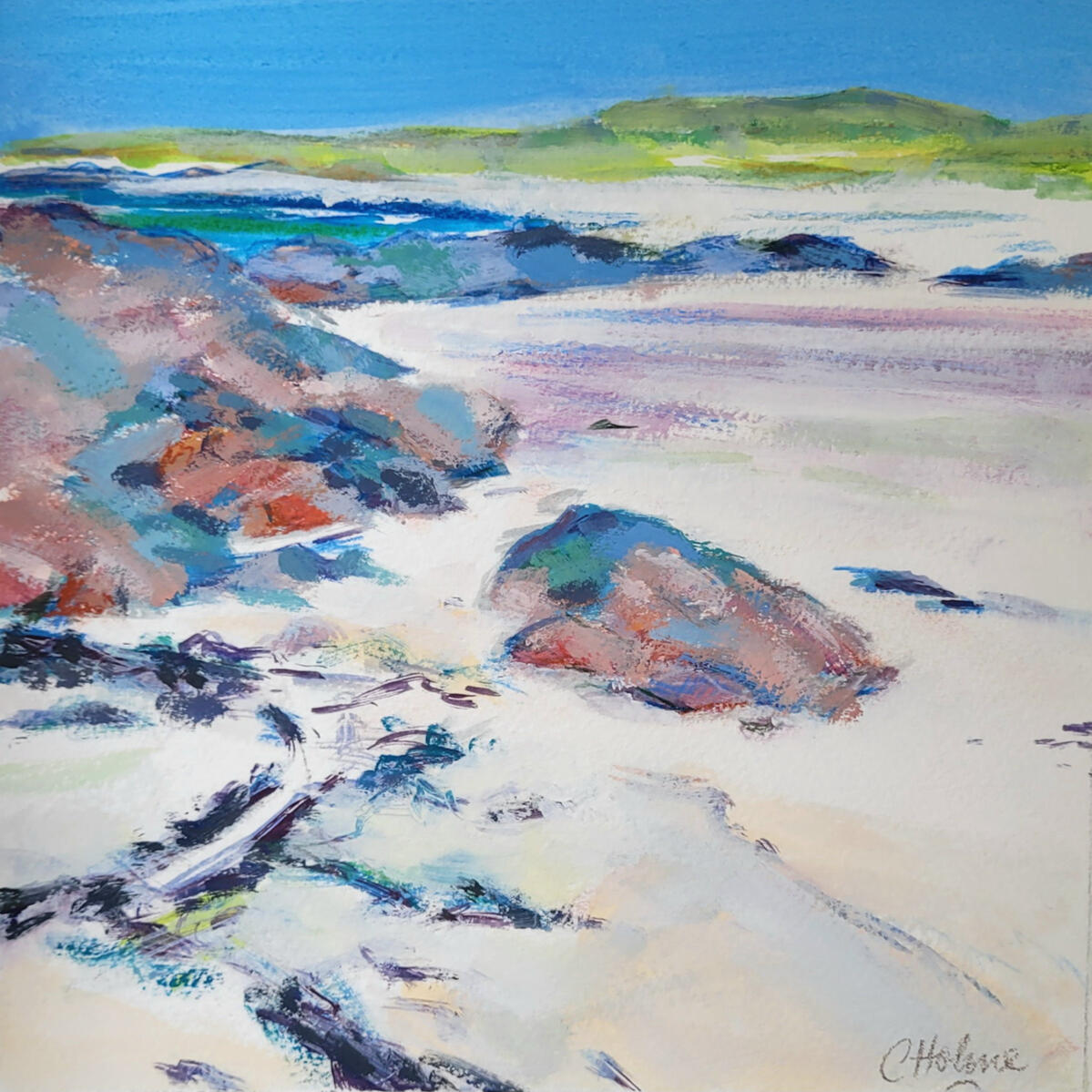 When the Tide Flows Out Gouache and mixed media on archival paper. 20cm square painting. Framed 34cm square.