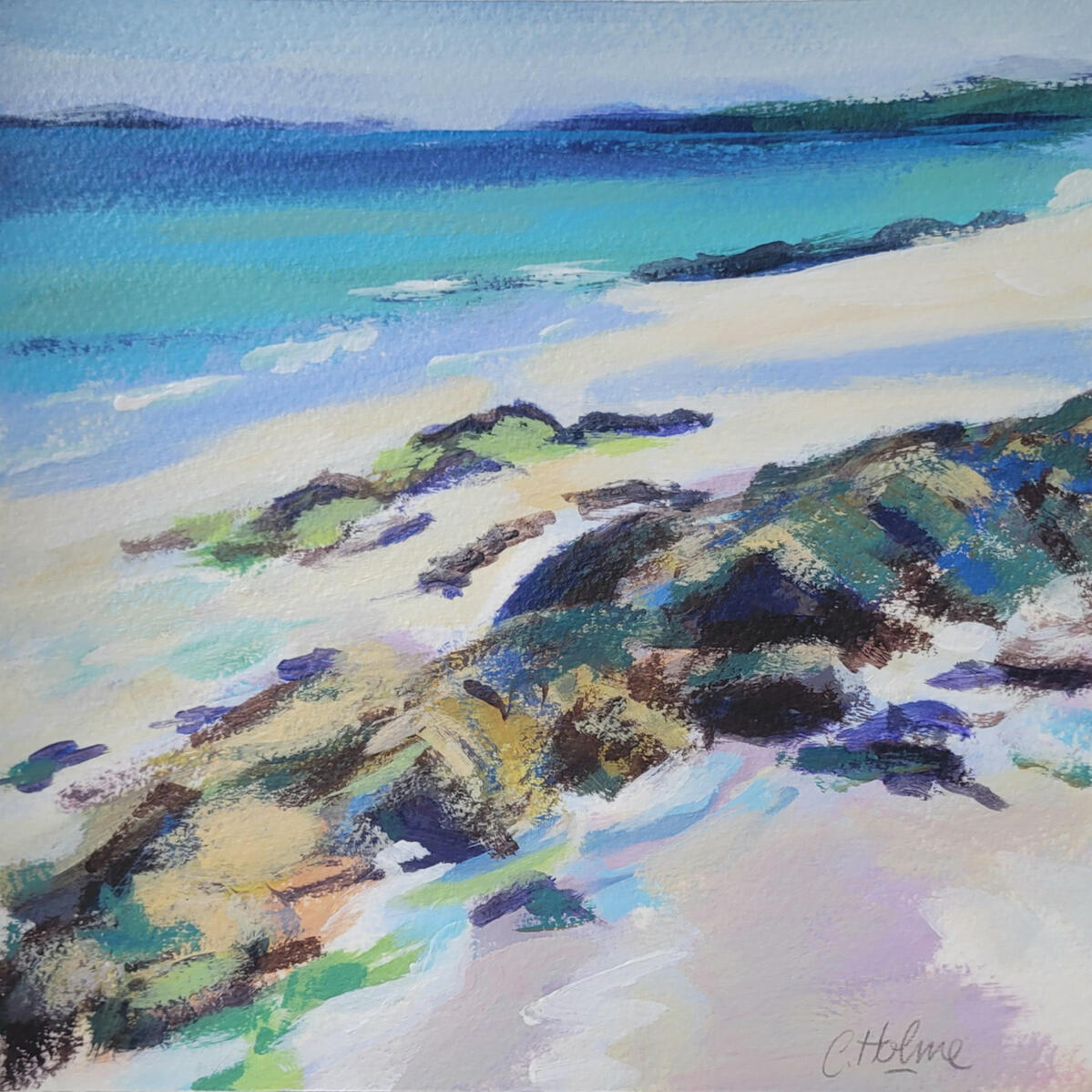 Rocky Shoreline Acrylic, gouache, pastel on archival paper. 20cm square painting. Framed 34cm square.